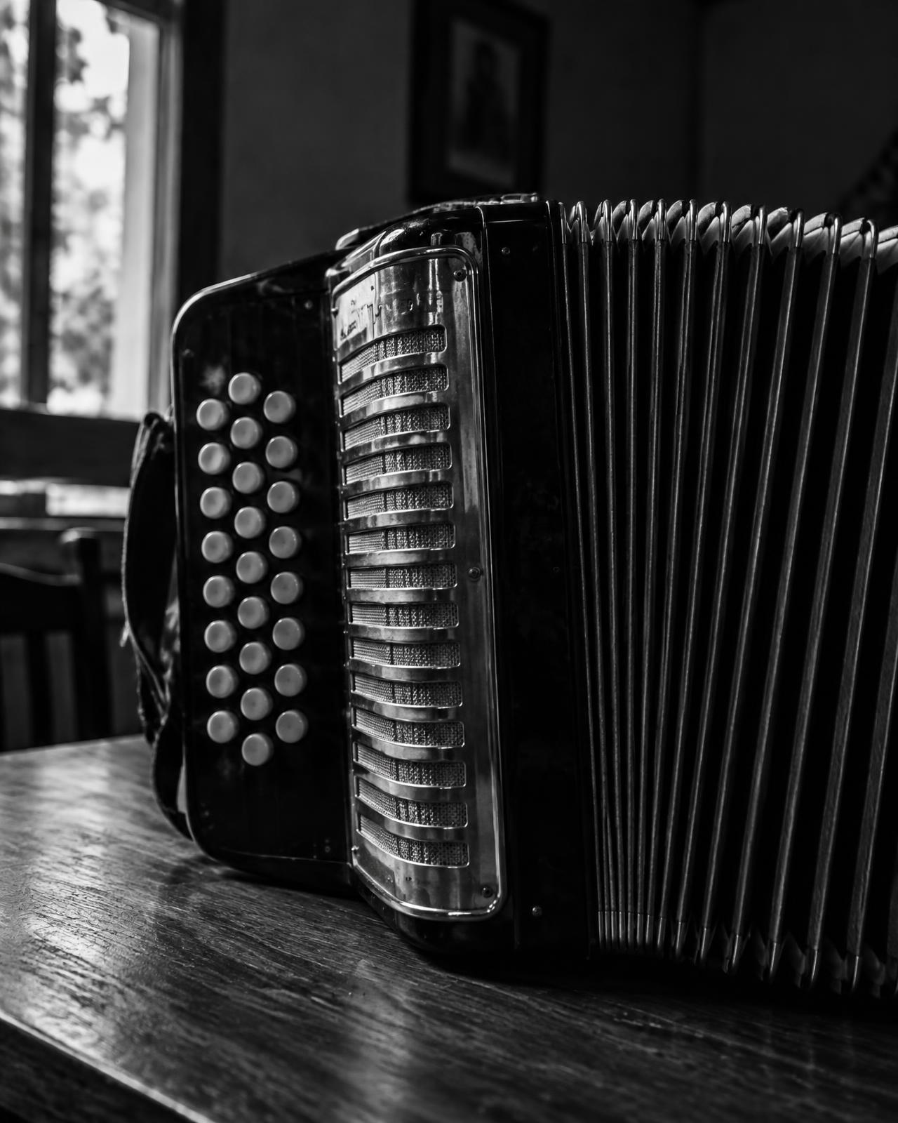 Acordeón vallenato sobre una mesa de madera